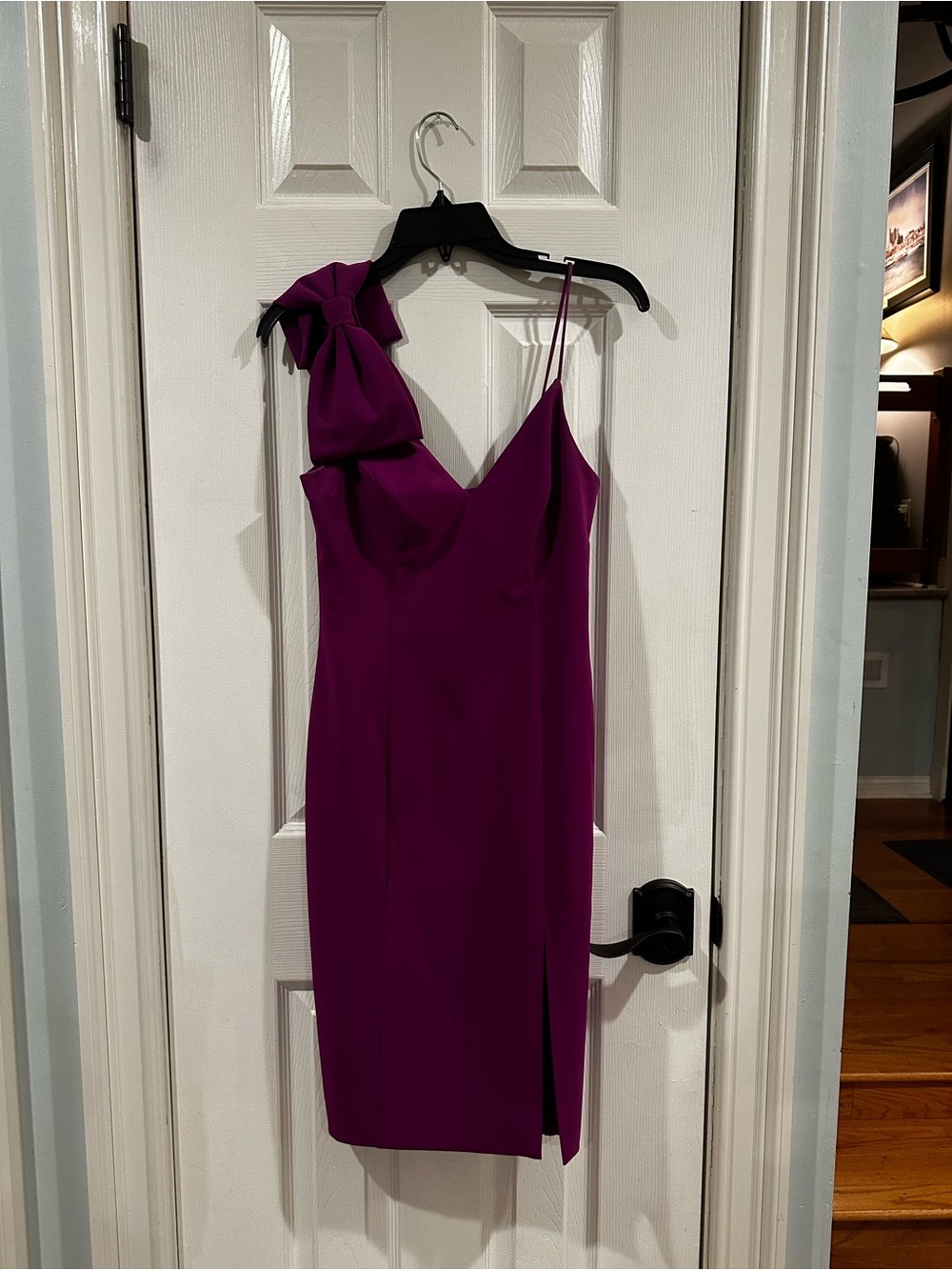 Adrianna Papell Fuchsia One-Shoulder Midi Dress with Bow Accent